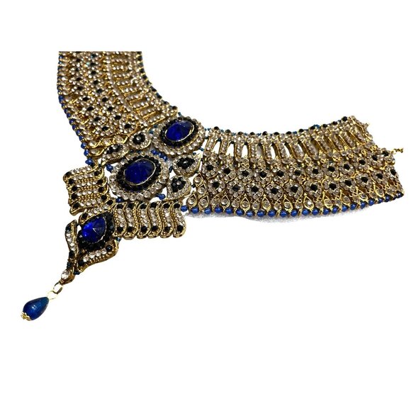 Gold & Blue Crystal Bib Necklace With Matching Chandelier Earrings Bridal - Picture 5 of 16